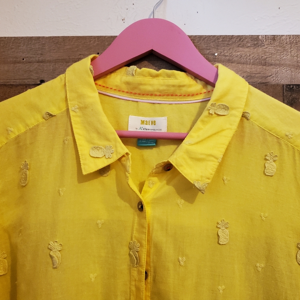 Maeve Yellow Pineapple Embroidered Button Up Shirt Cotton Office Plus Size Sz 22 - Picture 3 of 12